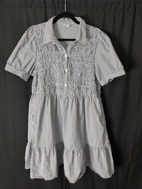 J. Crew Blue and White Striped Smocked Short Sleeve Dress